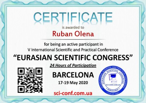 on May 17-19, 2020 participation in the V International Scientific and Practical Conference "EURASIAN SCIENTIFIC CONGRESS"